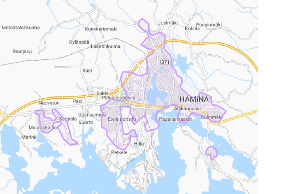 Karttaote, jossa merkitty Haminan Veden toiminta-alueiden rajat.