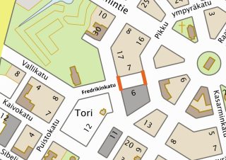 Karttaote Fredrikinkatu välillä Pikkuympyräkatu - Isoympyräkatu.