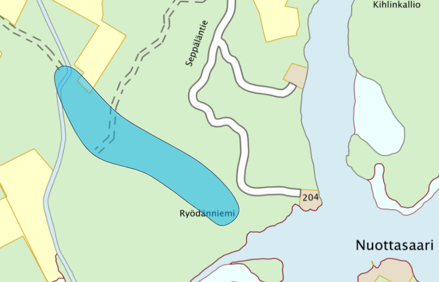 Karttaote Korvenojan urakka-alueesta Ryödänniemen lähellä.