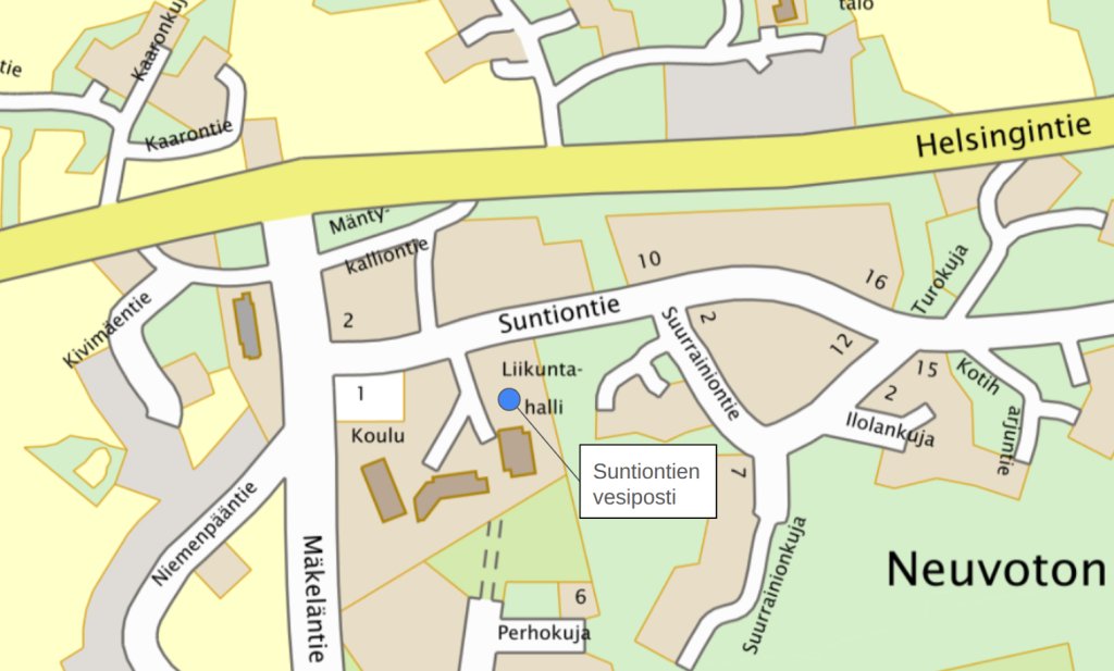 Karttaote, jossa uuden vesipostin sijainti merkitty Suntiontien varteen liikuntahallin lähettyville.
