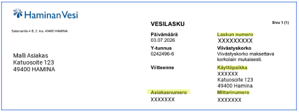 Vesilaskun sivun yläosa, jossa malliksi laskun vastaanottajan ja käyttöpaikan tiedot, laskun päivämäärä, laskun numero, laskuttajan tiedot ja Y-tunnus, asiakasnumero sekä maininta "Viivästyskorko maksettava korkolain mukaisesti."