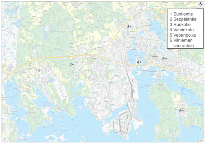 A map of locations of public water hydrants in Seppäläntie (Summa), Varvinkatu (Pitäjänsaari), Ruokotie (Salmenkylä), Vepanpolku (Alakaupunki) and Vilniemen seurantalo.
